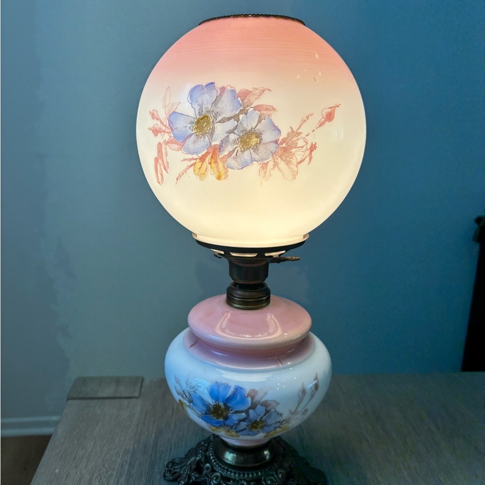 Floral Glass Table Lamp with Pink and Blue Accents